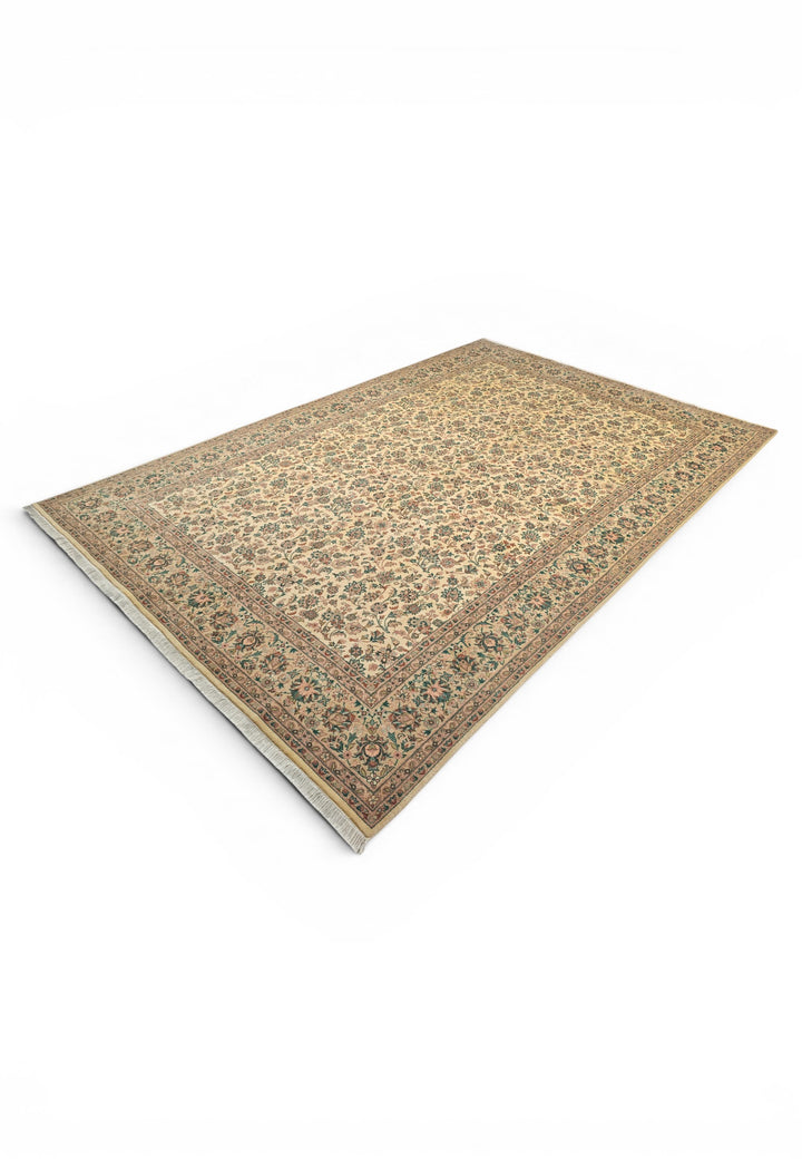 Cream and Green Floral Vine, Hand-Knotted Pakistani Wool Rug