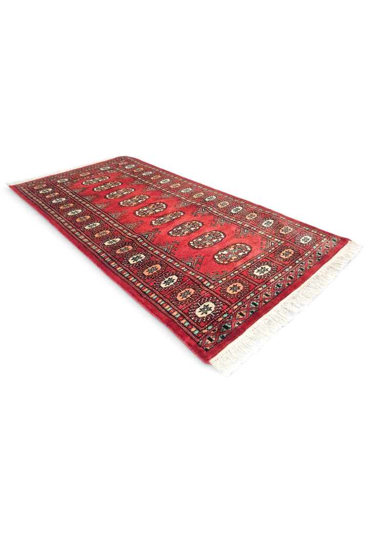 Ruby Red and Peach Turkmen Gül Bokhara, Hand-Knotted Wool Rug