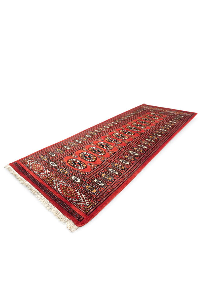 Red and Orange Turkmen Gül Bokhara, Hand-Knotted Wool Rug