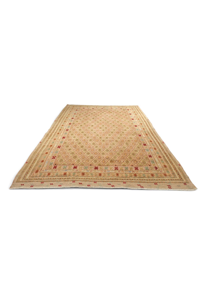 Wheat Gold and Cream Diamond Lattice Kilim, Hand-Woven Wool