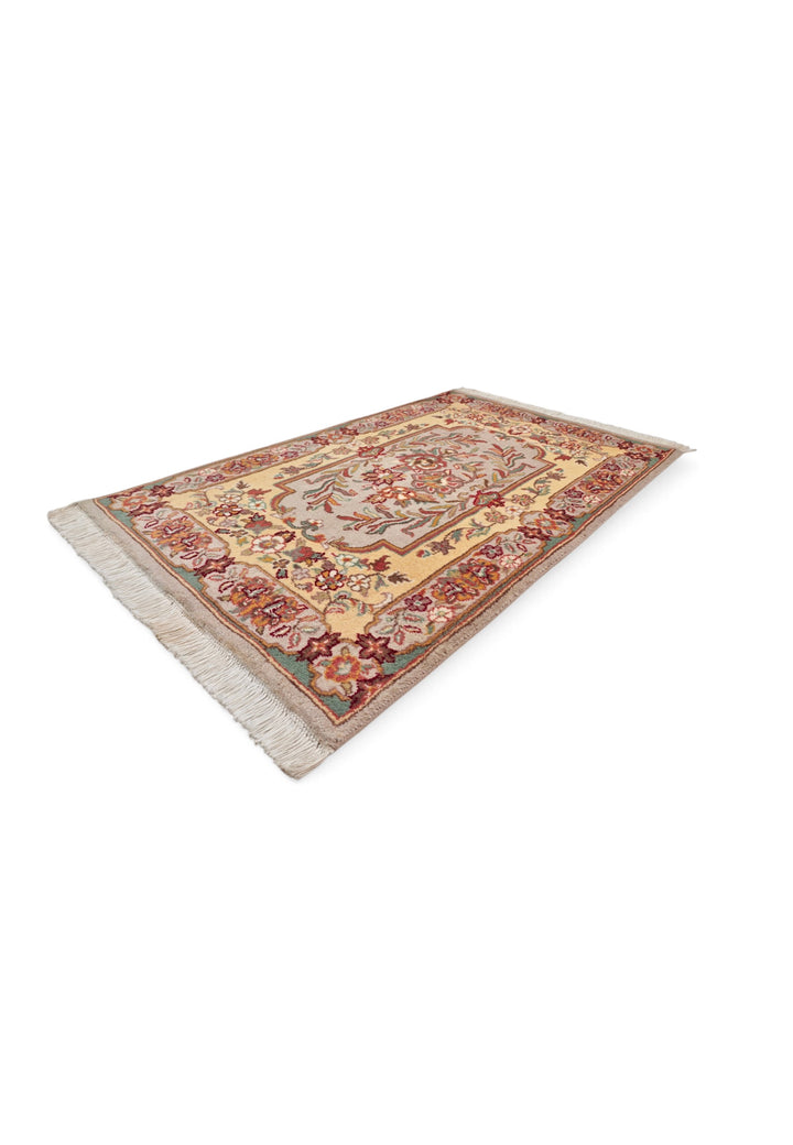 Butter Gold and Warm Grey French Floral Panel, Hand-Knotted Wool Rug