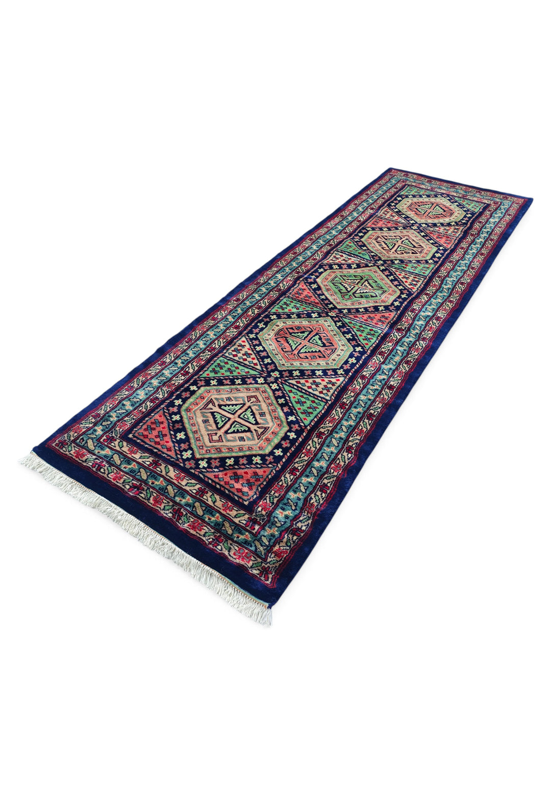 Navy and Rose Hexagonal Medallion Kazak, Hand-Knotted Wool Rug