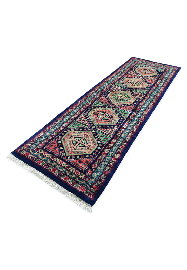 Navy and Rose Hexagonal Medallion Kazak, Hand-Knotted Wool Rug