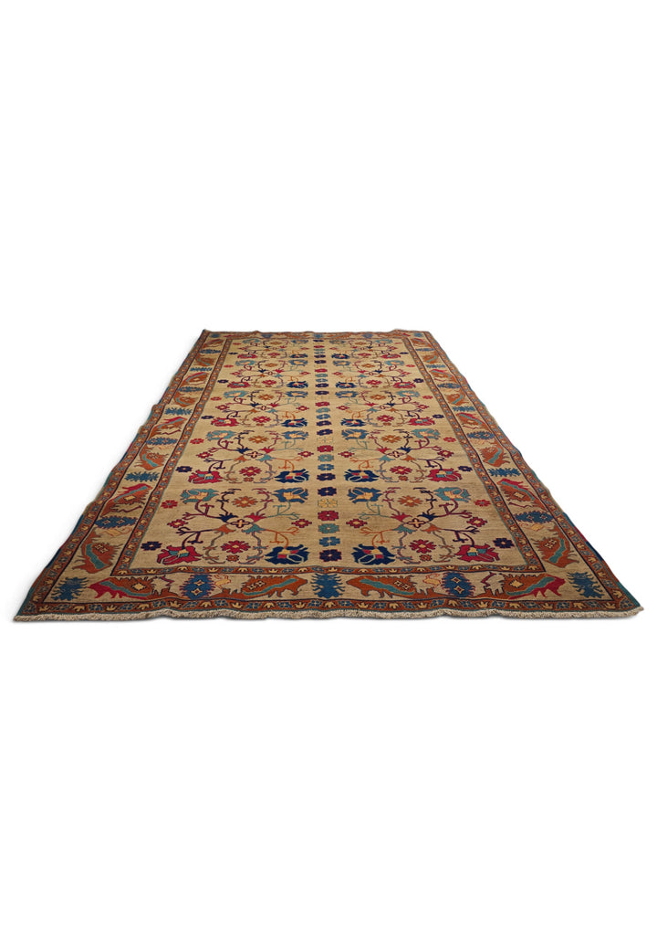 Camel Gold and Rust Palmette Kilim, Hand-Woven Wool