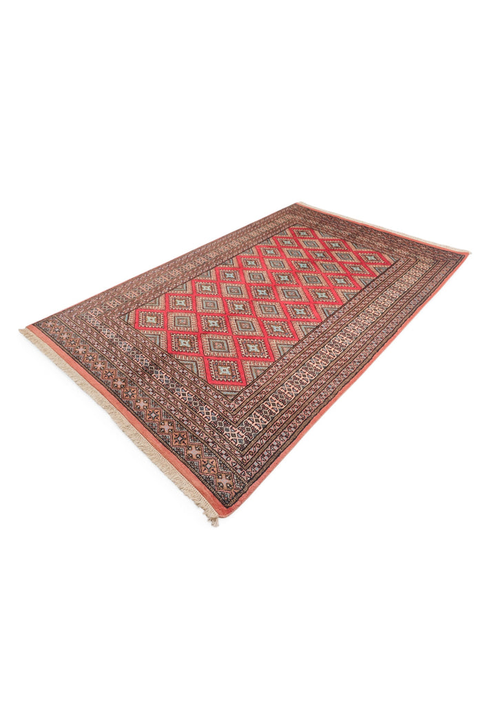 Crimson and Salmon Diamond Lattice, Hand-Knotted Wool Rug