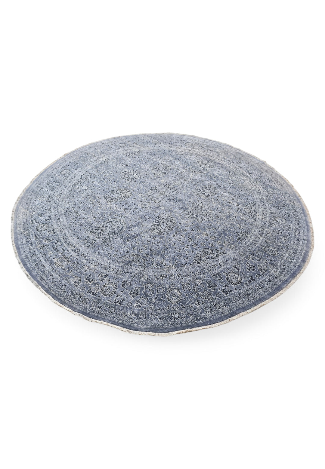 Slate Blue and Silver Floral Round, Hand-Knotted Wool and Silk Rug