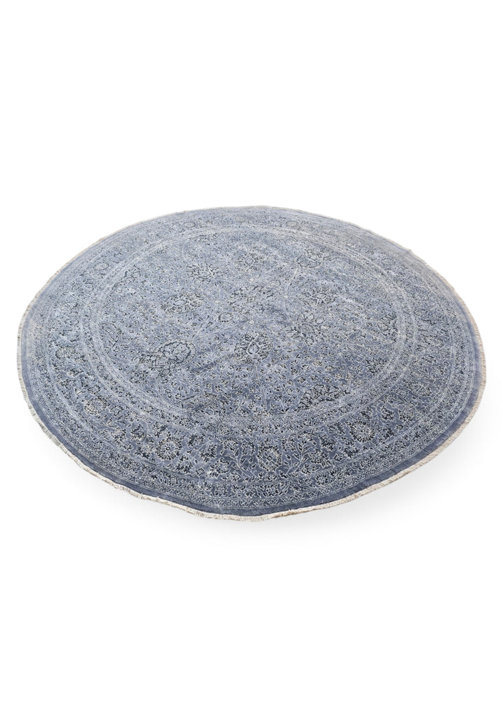 Slate Blue and Silver Floral Round, Hand-Knotted Wool and Silk Rug