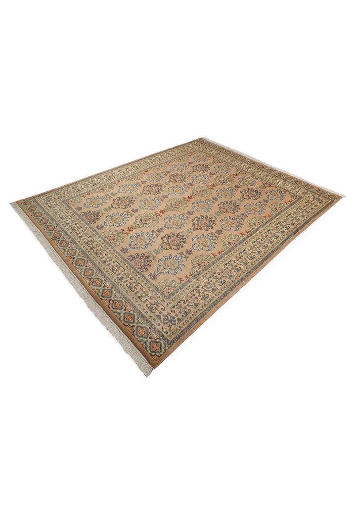 Apricot and Slate Blue Alternating Palmette, Hand-Knotted Wool and Silk Rug