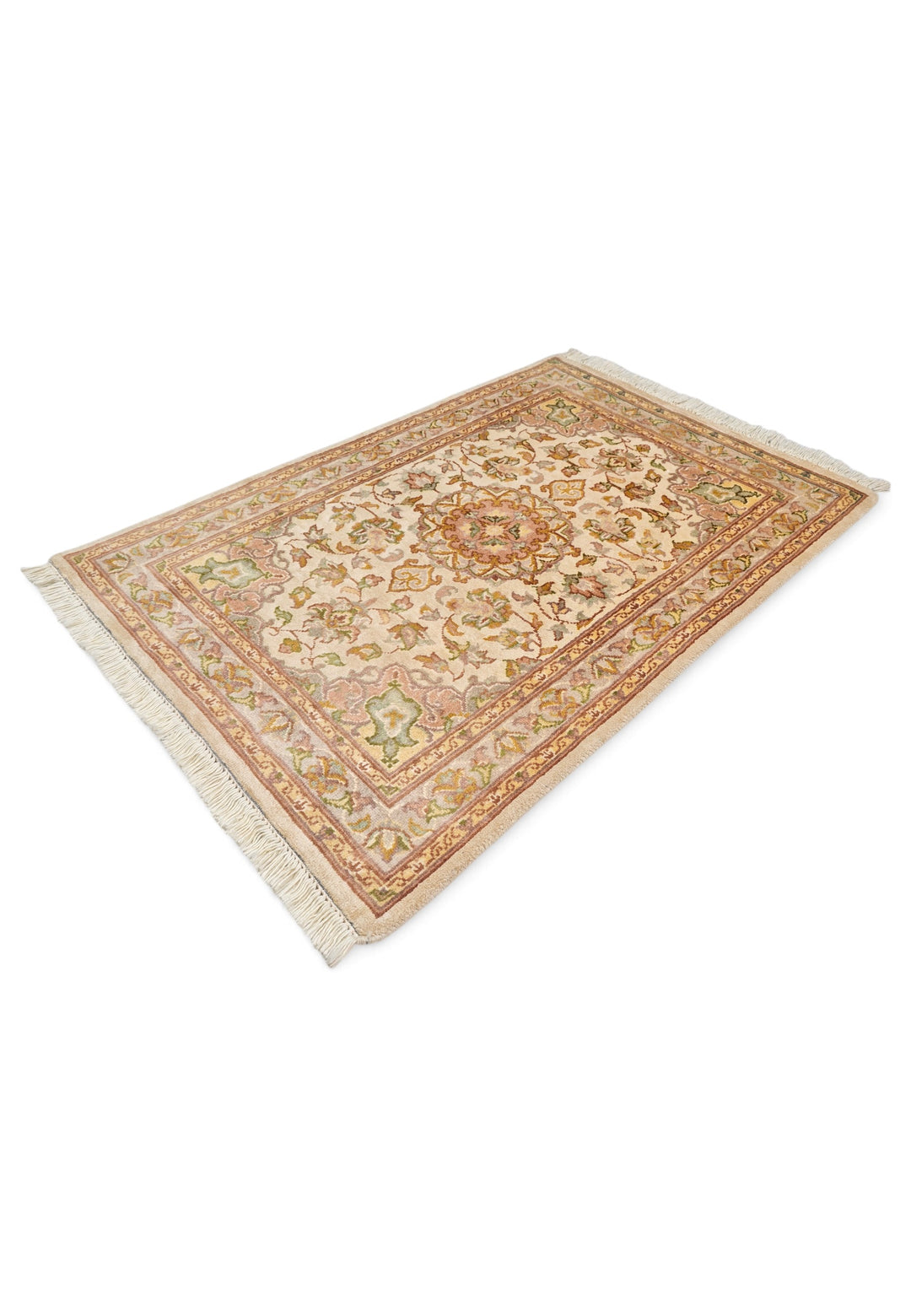 Ivory and Coral Medallion Tabriz, Hand-Knotted Wool and Silk Rug