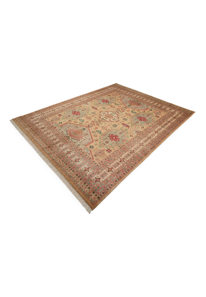 Camel and Coral Caucasian Medallion, Hand-Knotted Wool Rug