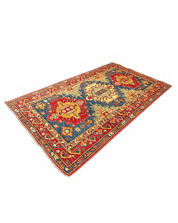 Blue &amp; Red Medallion Kazak Rug, Hand-Knotted Afghan Wool