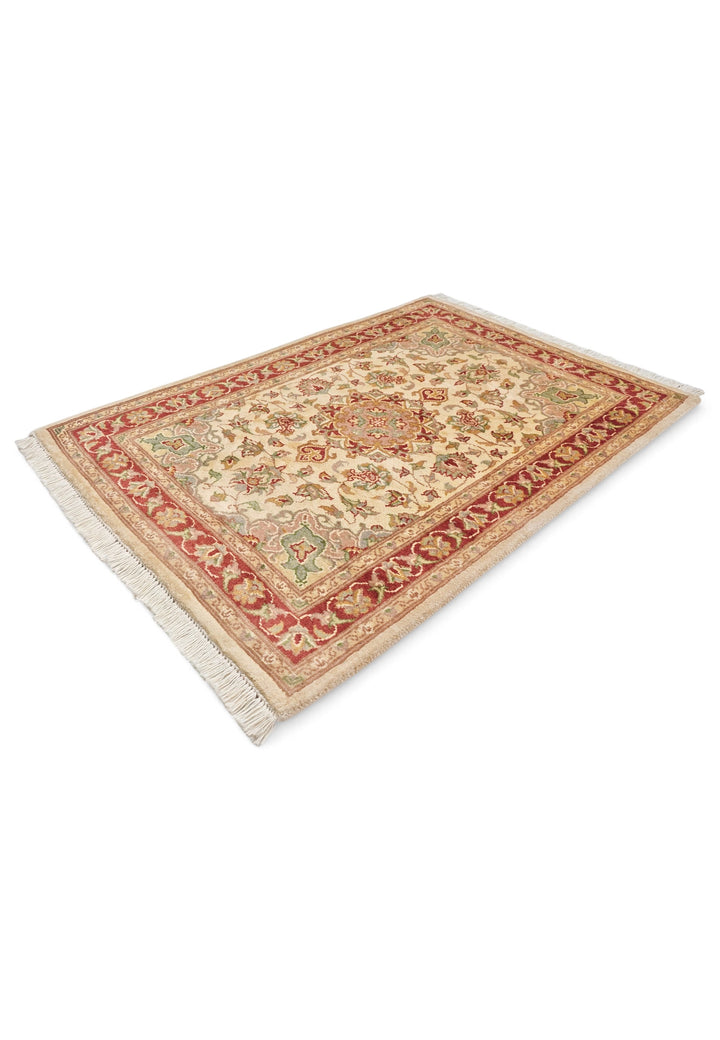 Cream and Brick Red Medallion Tabriz, Hand-Knotted Wool and Silk Rug
