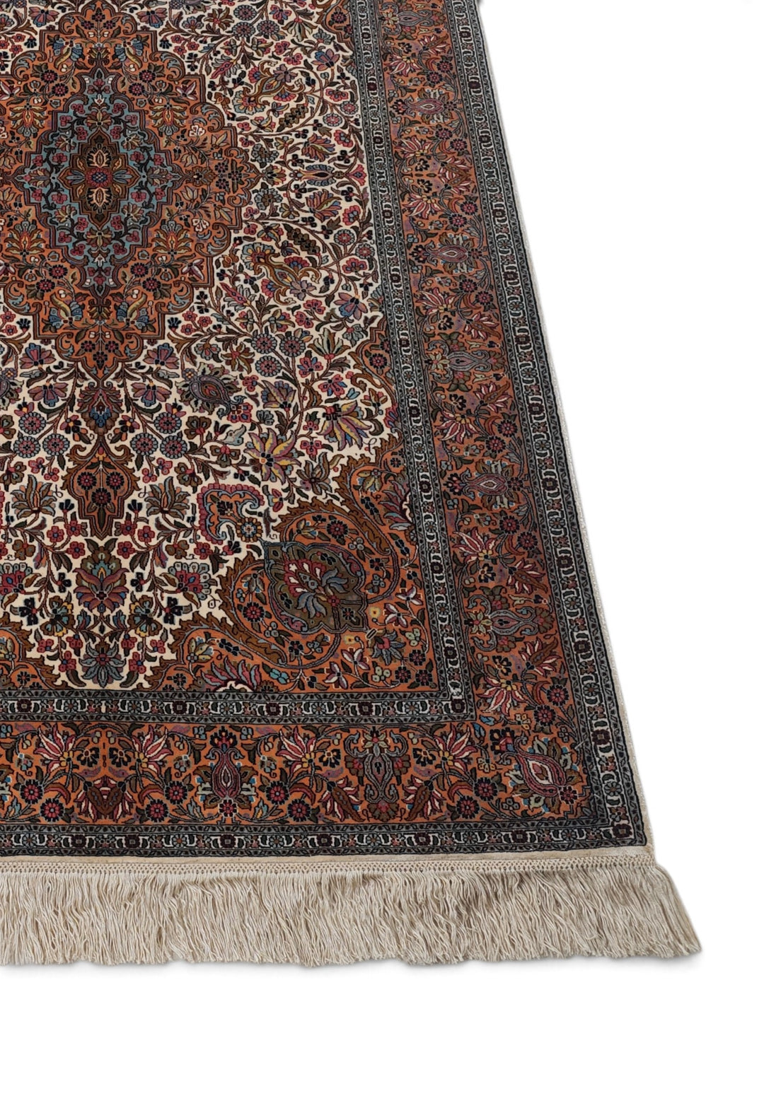 Cream and Brown Boteh Medallion, Hand-Knotted Silk Rug