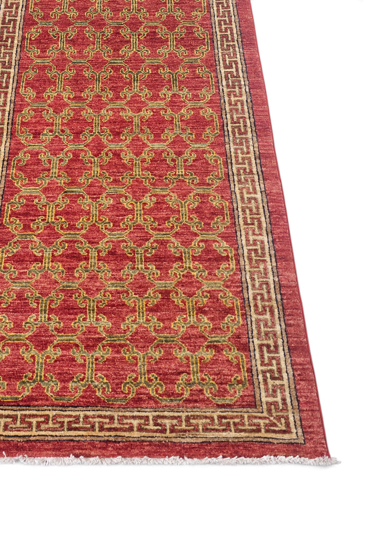 Brick Red and Camel Meander Lattice, Hand-Knotted Wool Rug