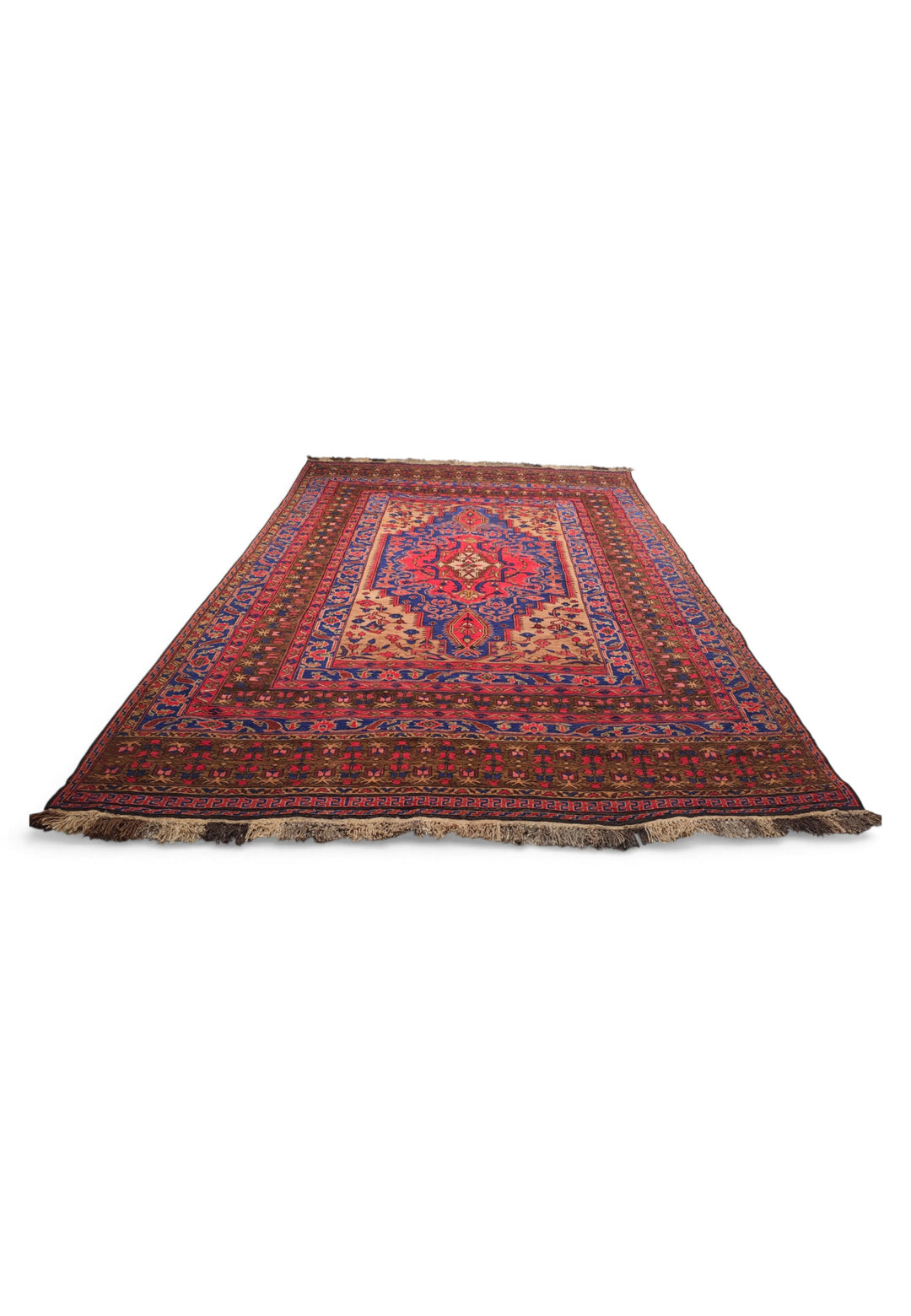 Scarlet and Cobalt Medallion Kilim, Hand-Woven Wool
