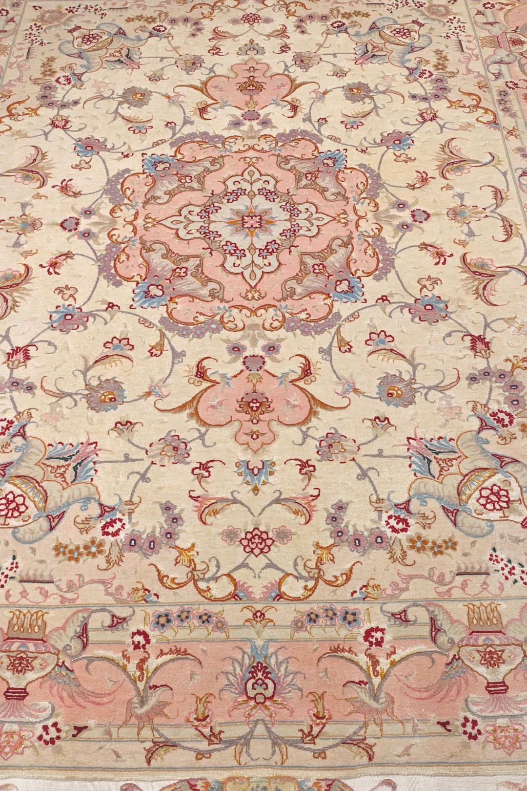 Cream and Rose Pink Vase Border Tabriz, Hand-Knotted Wool Rug