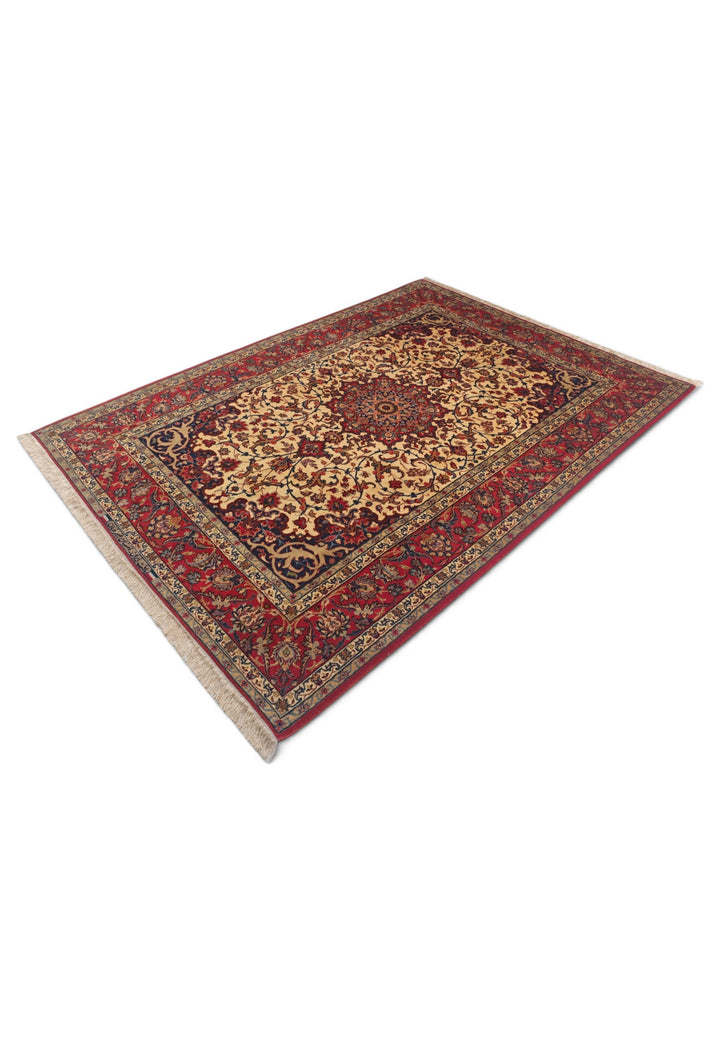 Gold and Red Medallion Sirafian Isfahan, Hand-Knotted Wool Rug