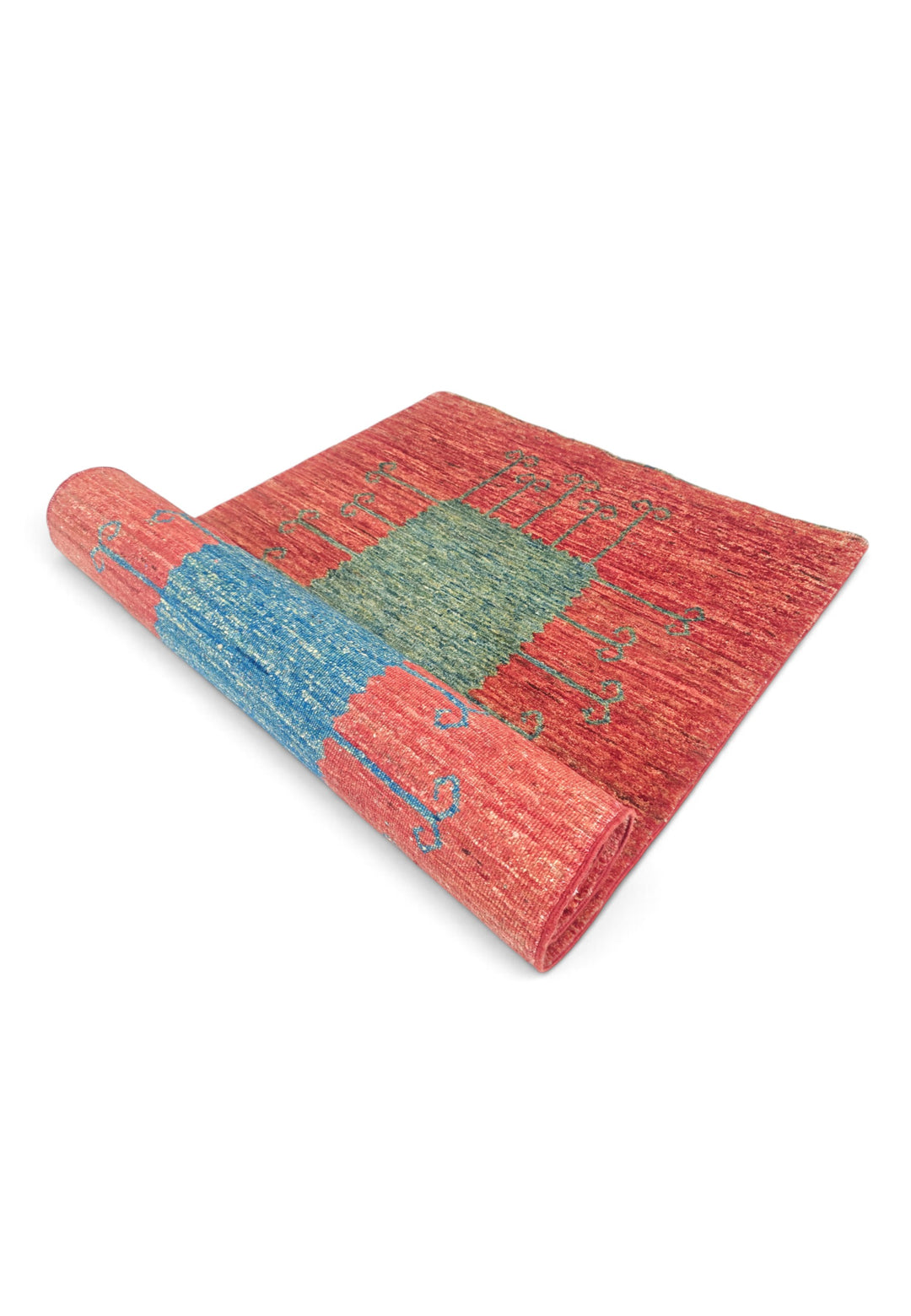 Terracotta Red and Green Panel Gabbeh, Hand-Knotted Wool Rug