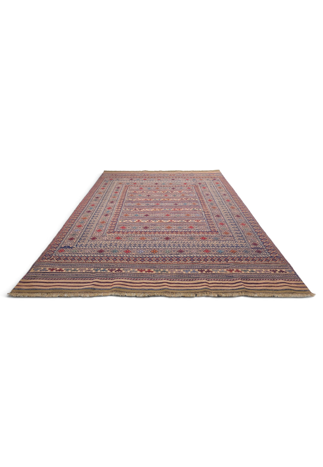 Camel and Indigo Banded Kilim, Hand-Woven Wool