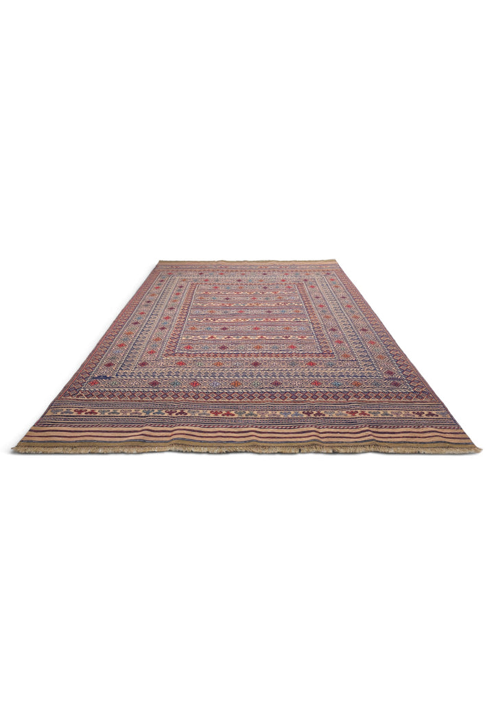 Camel and Indigo Banded Kilim, Hand-Woven Wool