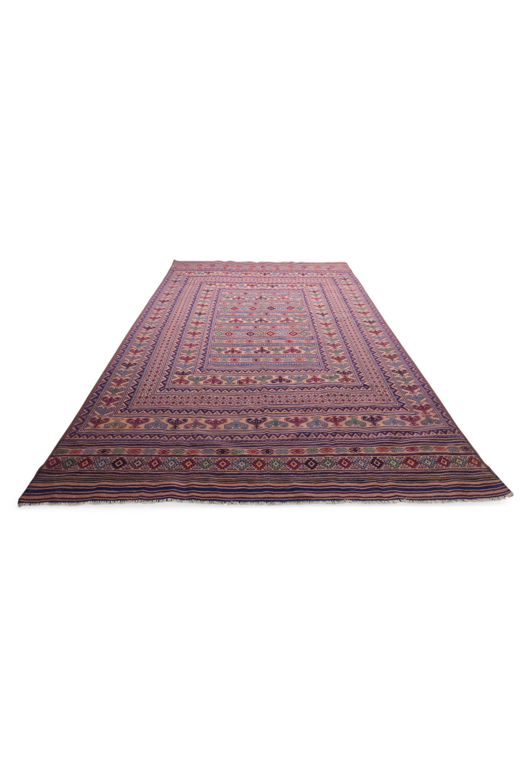 Blush Apricot and Navy Banded Kilim, Hand-Woven Wool