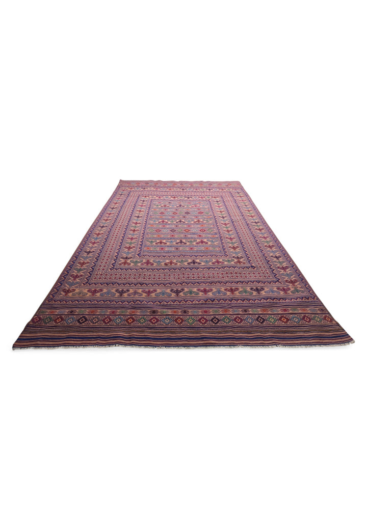 Blush Apricot and Navy Banded Kilim, Hand-Woven Wool