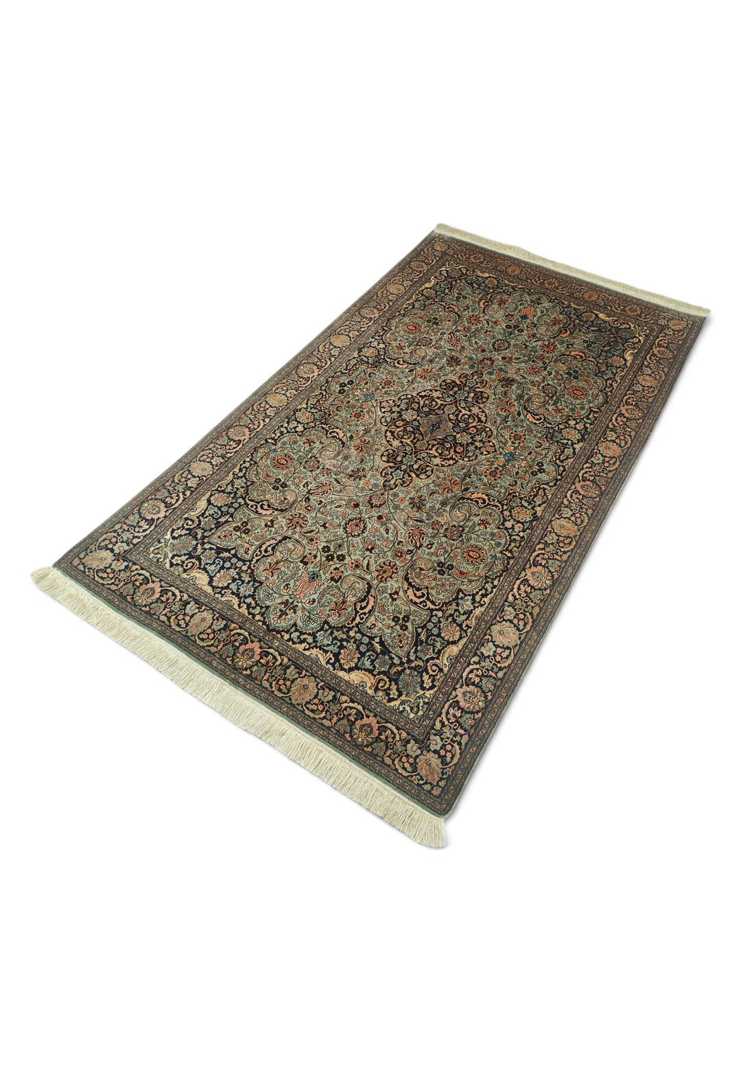 Sage Green and Black Arabesque Medallion, Hand-Knotted Silk Rug