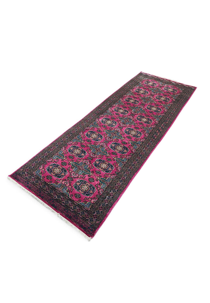Magenta and Teal Jaldar Rosette Gül, Hand-Knotted Wool and Silk Rug