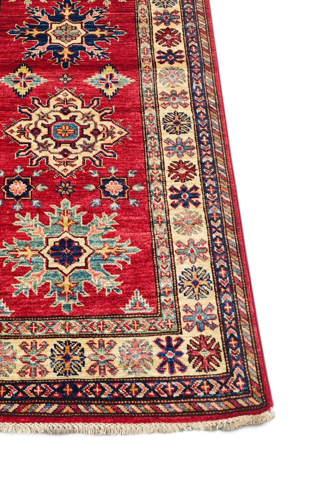Red and Cream Serrated Star Kazak, Hand-Knotted Wool Rug