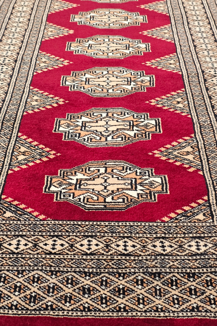 Wine Red and Beige Yamoud Rug, Hand-Knotted Wool