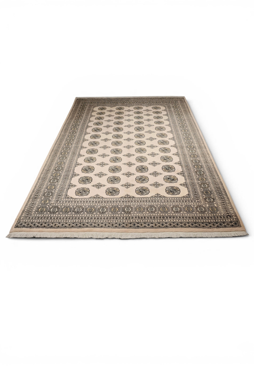 Sandy Beige &amp; Black Turkmen Gül Bokhara Rug, Hand-Knotted Pakistani Wool