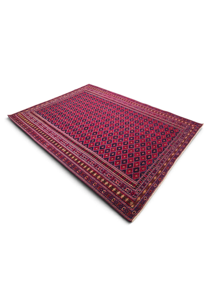 Crimson and Navy Diamond Lattice Kilim, Hand-Woven Wool