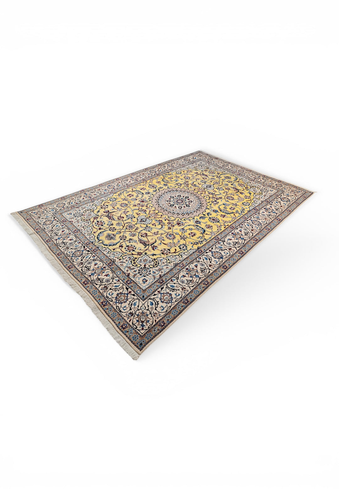 Saffron-Yellow Medallion Persian Nain, Hand-Knotted Wool Rug