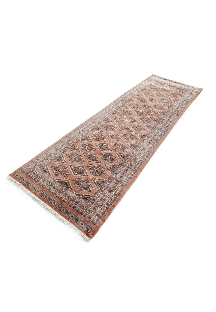 Salmon and Mauve Jaldar Alternating Lattice, Hand-Knotted Wool Rug