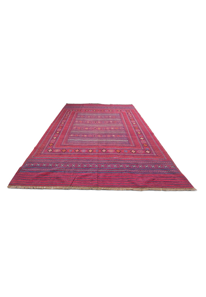 Magenta and Rose Banded Kilim, Hand-Woven Wool