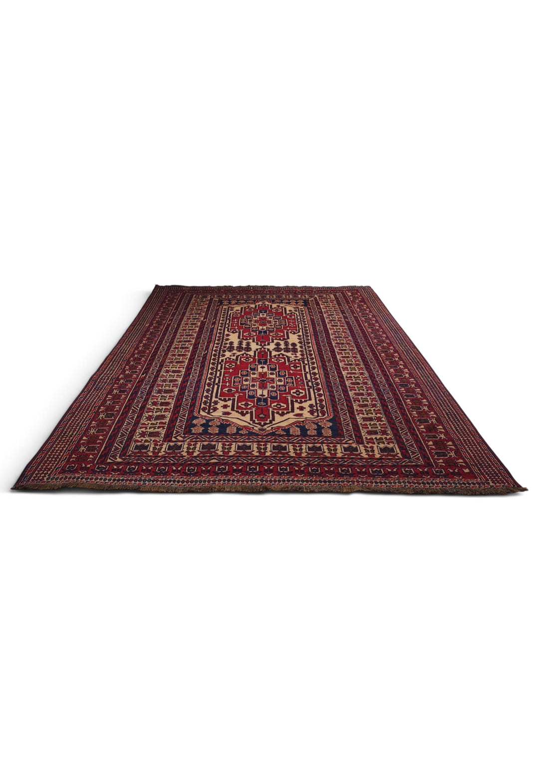 Deep Red and Camel Stepped Turkmen Medallion Kilim, Hand-Woven Wool