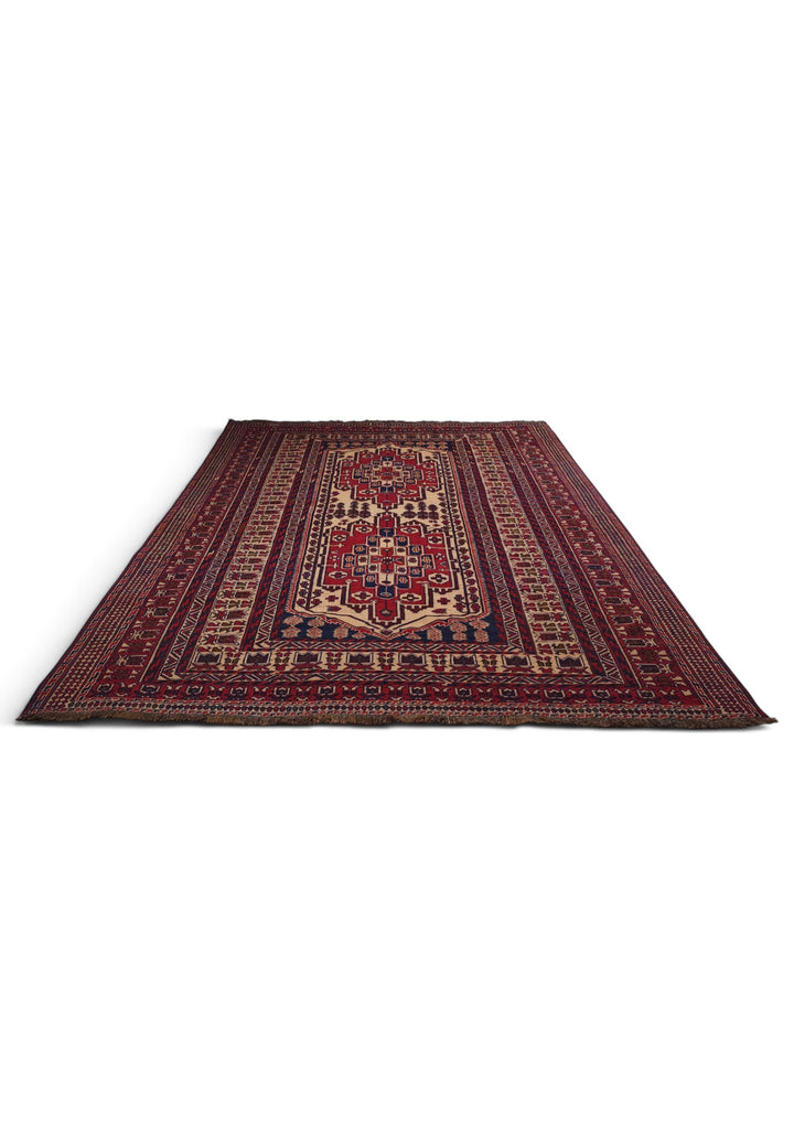 Deep Red and Camel Stepped Turkmen Medallion Kilim, Hand-Woven Wool