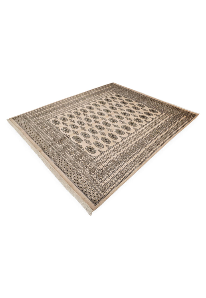 Cream and Walnut Turkmen Gül Bokhara, Hand-Knotted Wool Rug