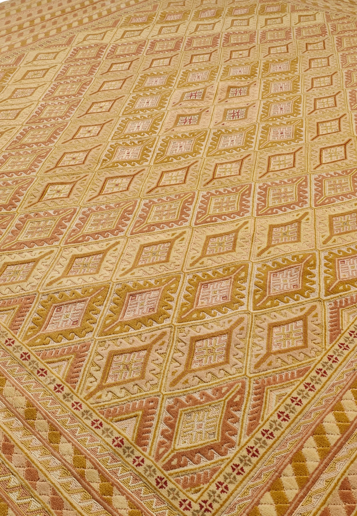 Gold and Cream Diamond Lattice Kilim, Hand-Woven Wool