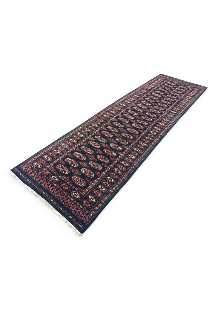 Navy and Rose Double Column Gül Bokhara, Hand-Knotted Wool Rug