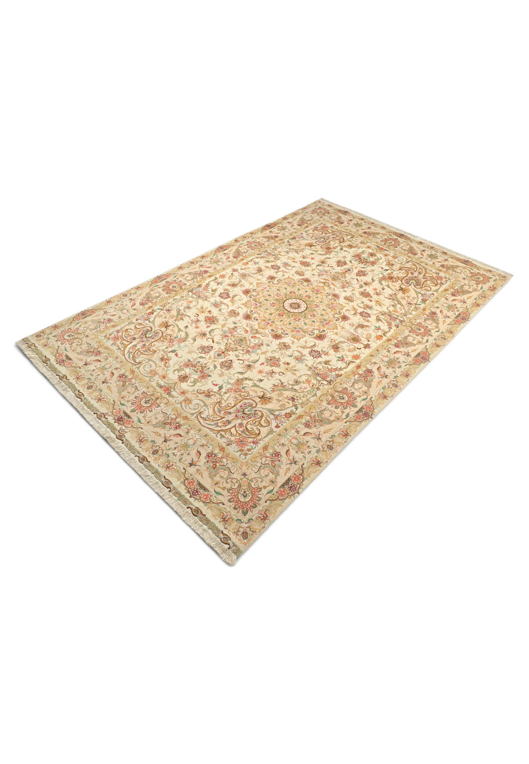 Cream and Gold Radiating Medallion Tabriz, Hand-Knotted Wool Rug