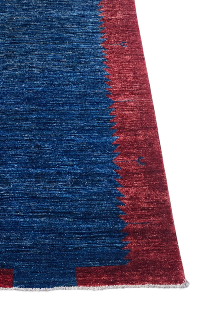 Wine Red and Royal Blue Sawtooth Gabbeh, Hand-Knotted Wool Rug