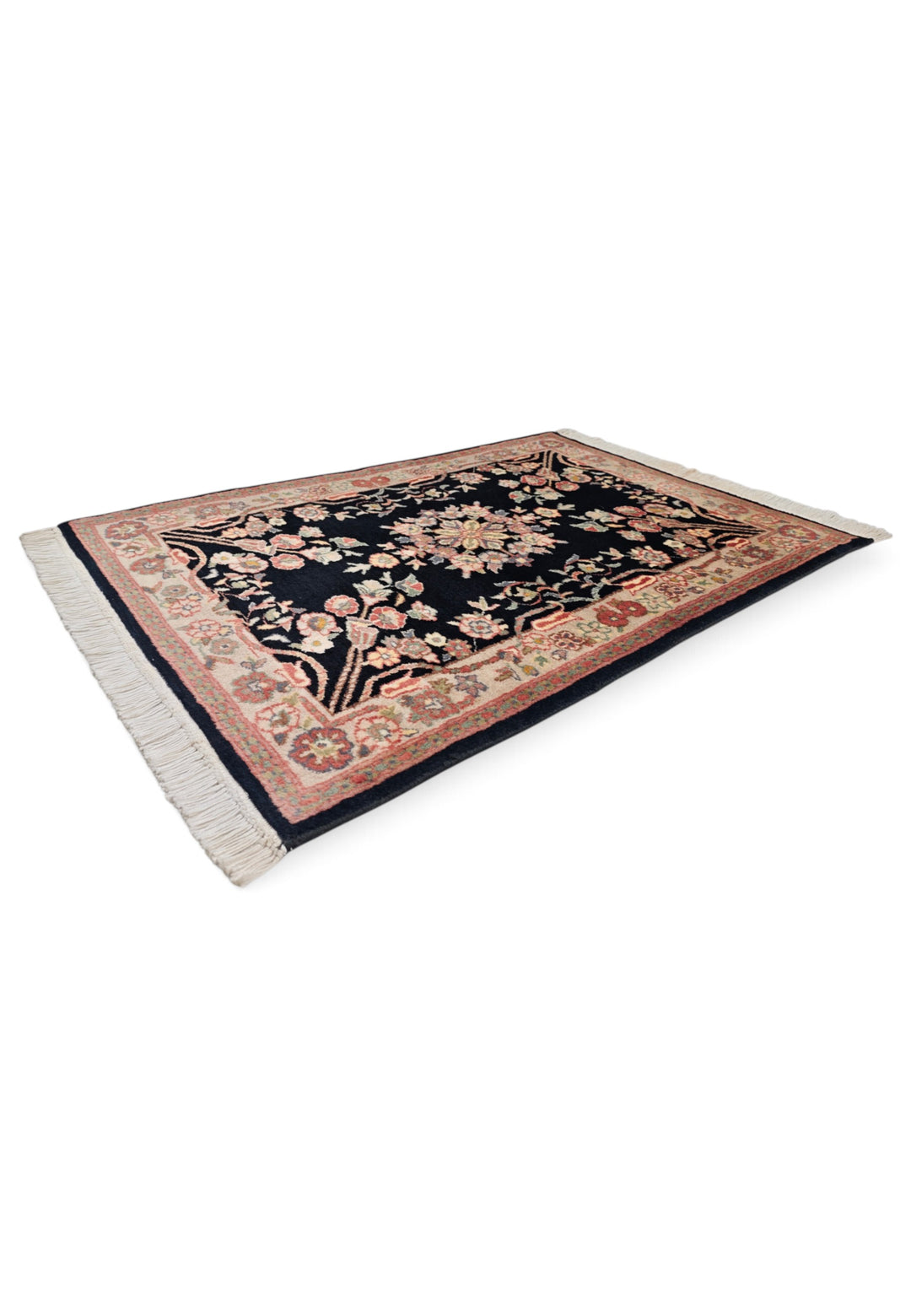 Black and Cream Kashan Floral Medallion, Hand-Knotted Wool Rug