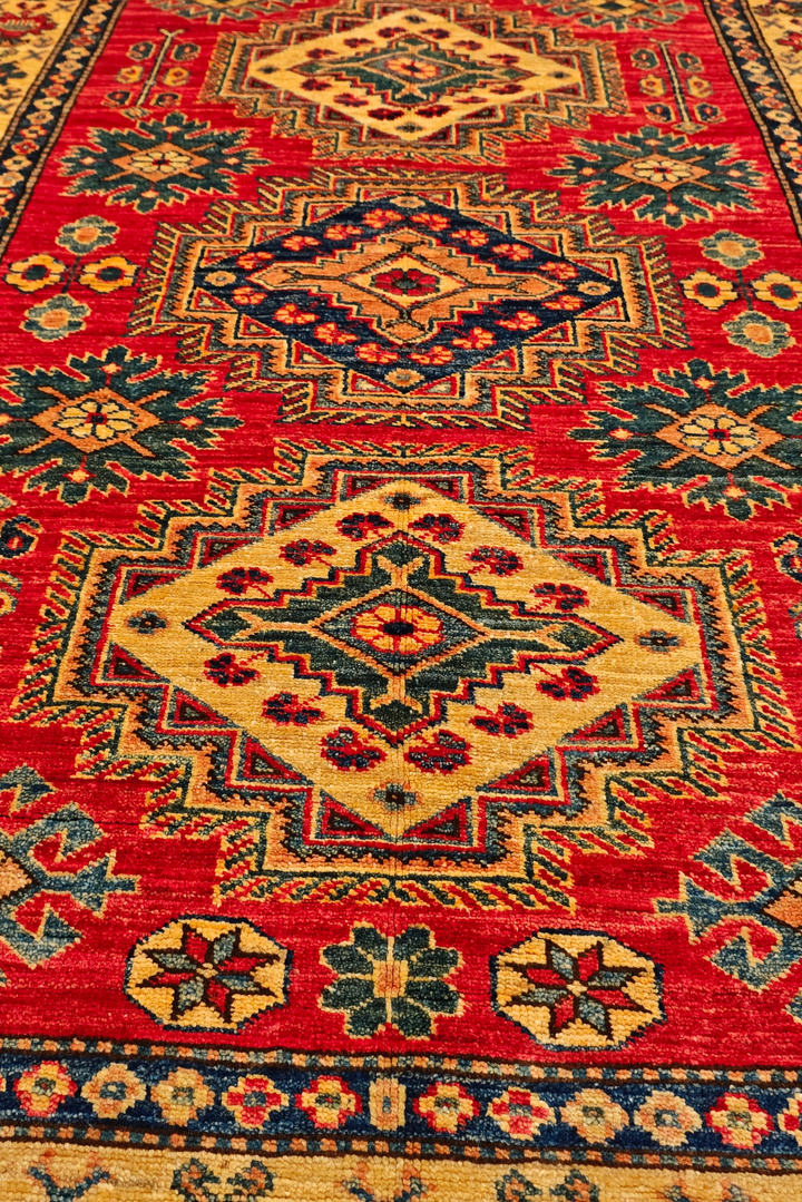 Red &amp; Gold Medallion Kazak Rug, Hand-Knotted Afghan Wool