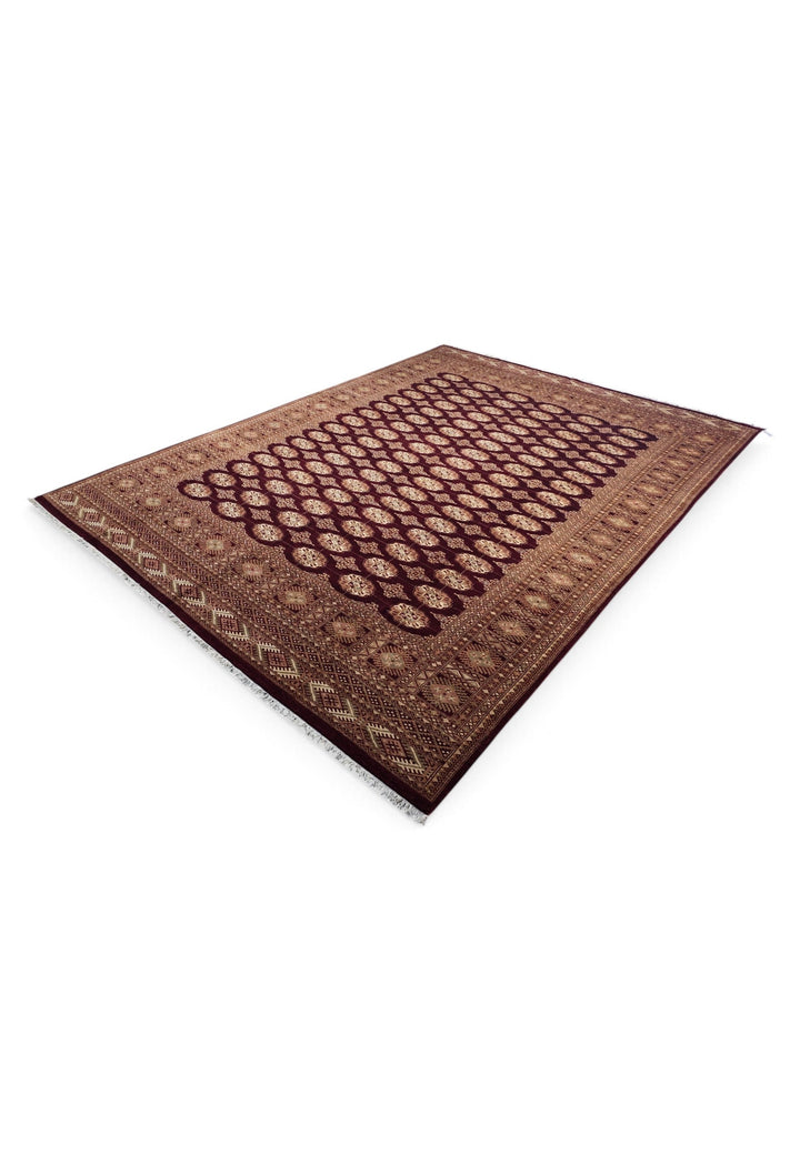Aubergine and Tan Bokhara, Hand-Knotted Wool Rug