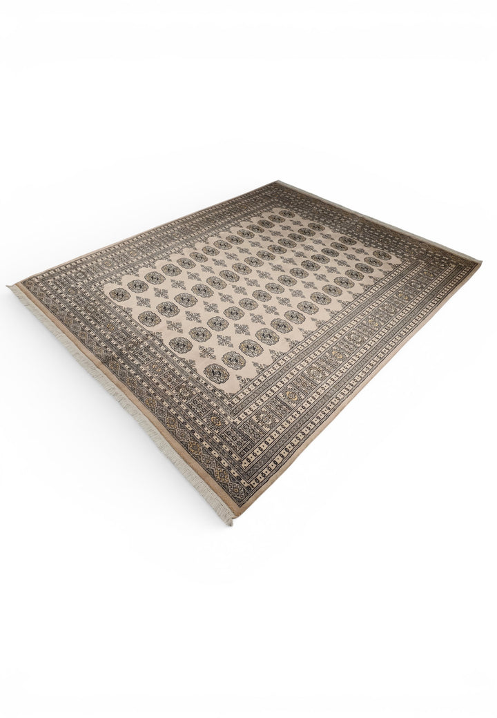 Warm Sand &amp; Charcoal Turkmen Gül Bokhara Rug, Hand-Knotted Pakistani Wool