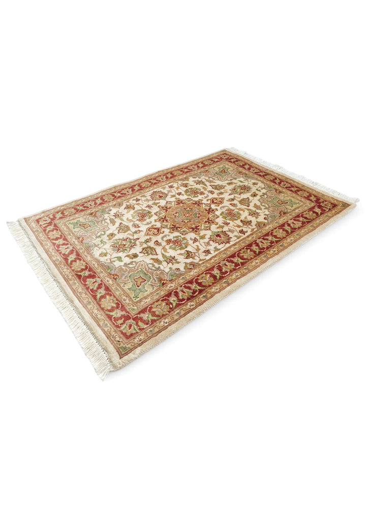 Ivory and Deep Red Tabriz Cloud Band Medallion, Hand-Knotted Wool and Silk Rug