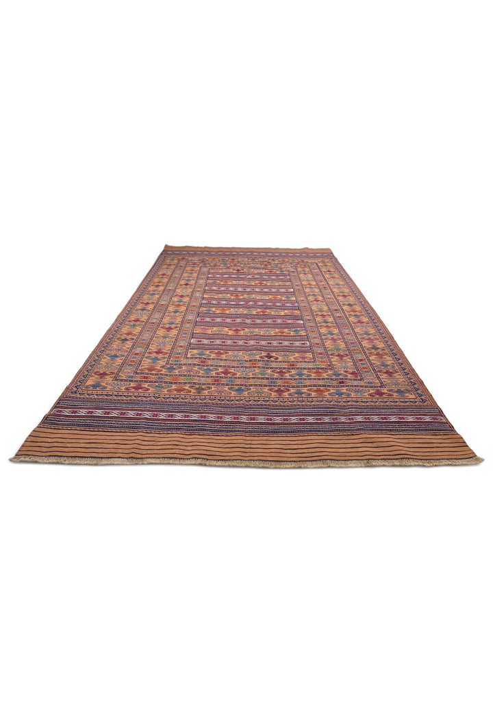 Apricot Camel and Indigo Banded Kilim, Hand-Woven Wool