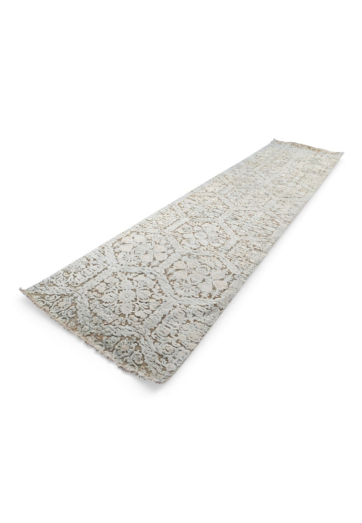 Ivory and Taupe Damask Lattice, Hand-Knotted Wool and Silk Rug