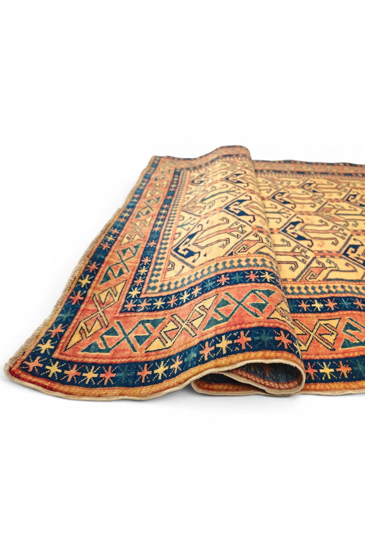 Gold &amp; Navy Caucasian Rug, Hand-Knotted Afghani Sherwan
